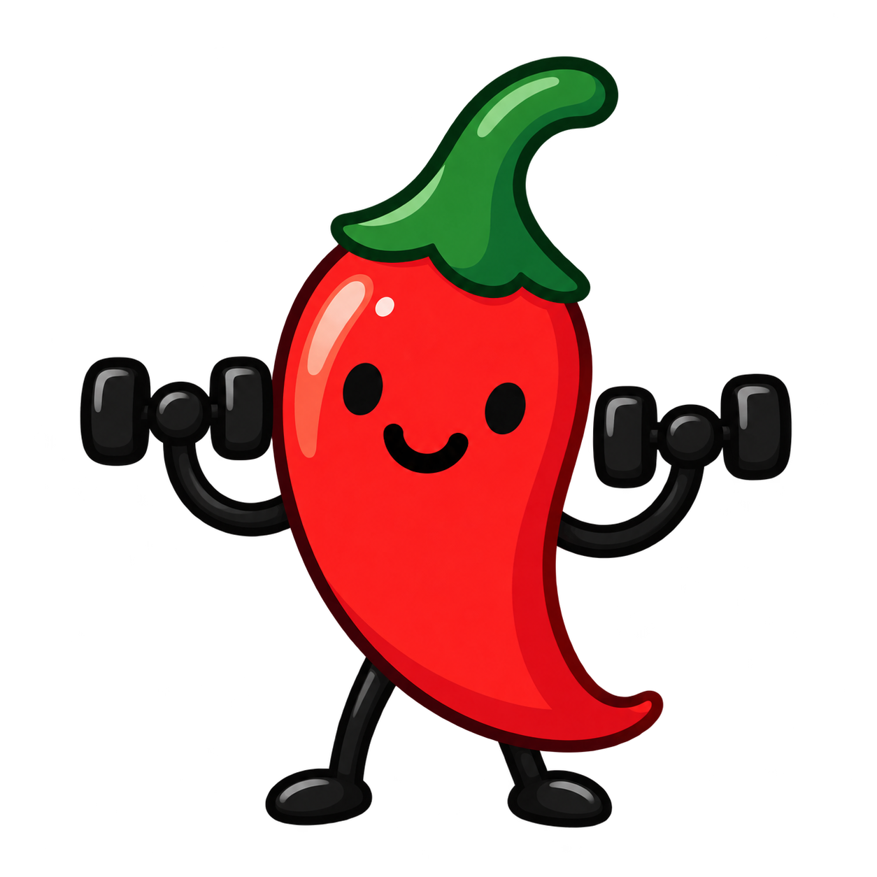 Pimoov’s smiling pepper mascot lifting two dumbbells